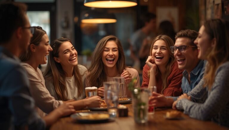 Alt Text: Group of friends laughing together at a casual gathering