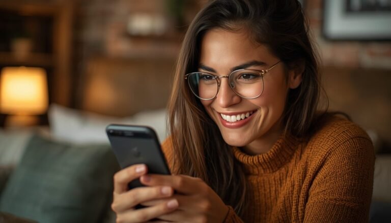 Alt Text: Person smiling while looking at their phone in a cozy setting