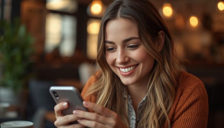 Alt Text: Woman smiling while looking at her phone in a cozy setting