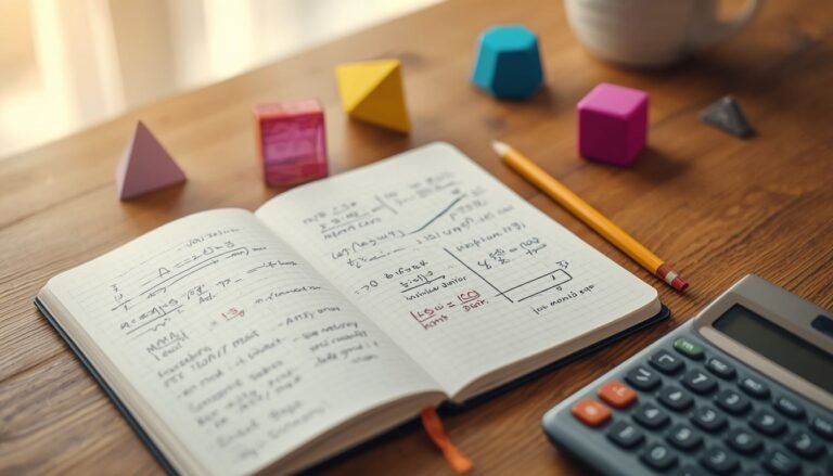 Alt Text: Desk with math notebook, calculator, and geometric shapes in natural light