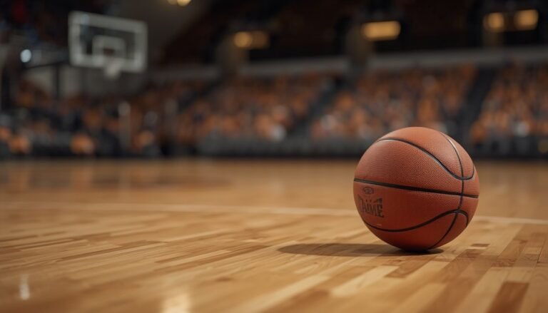Alt Text: Basketball resting on a hardwood court with blurred bleachers in the background
