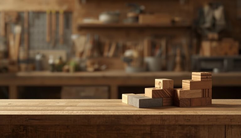 Alt Text: Wooden workbench with stacked building blocks and tools