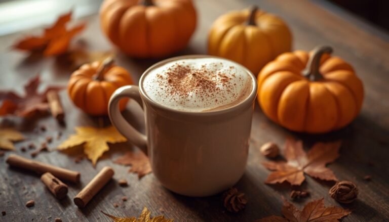 Alt Text: Pumpkin spice latte in a mug surrounded by small pumpkins and autumn leaves