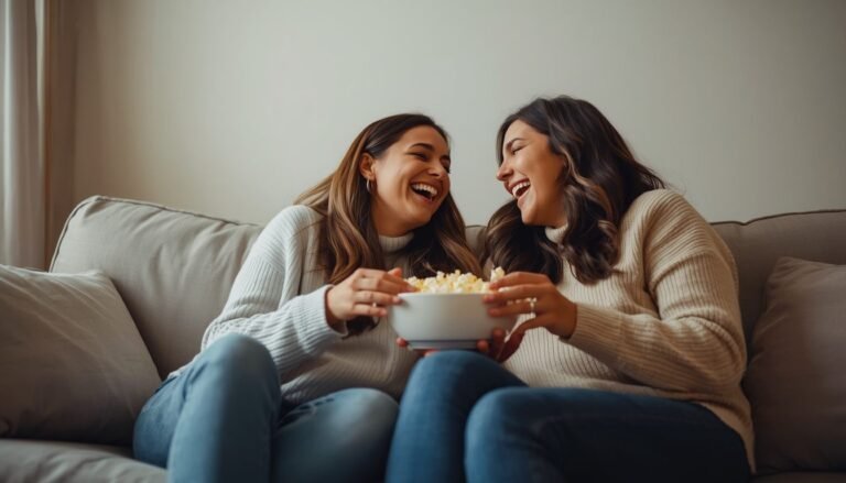 Alt Text: Two sisters laughing together on a sofa while sharing a bowl of popcorn