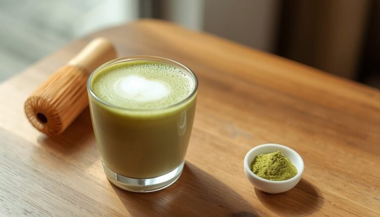 Alt Text: Matcha latte in a glass cup with a bamboo whisk and matcha powder on a table
