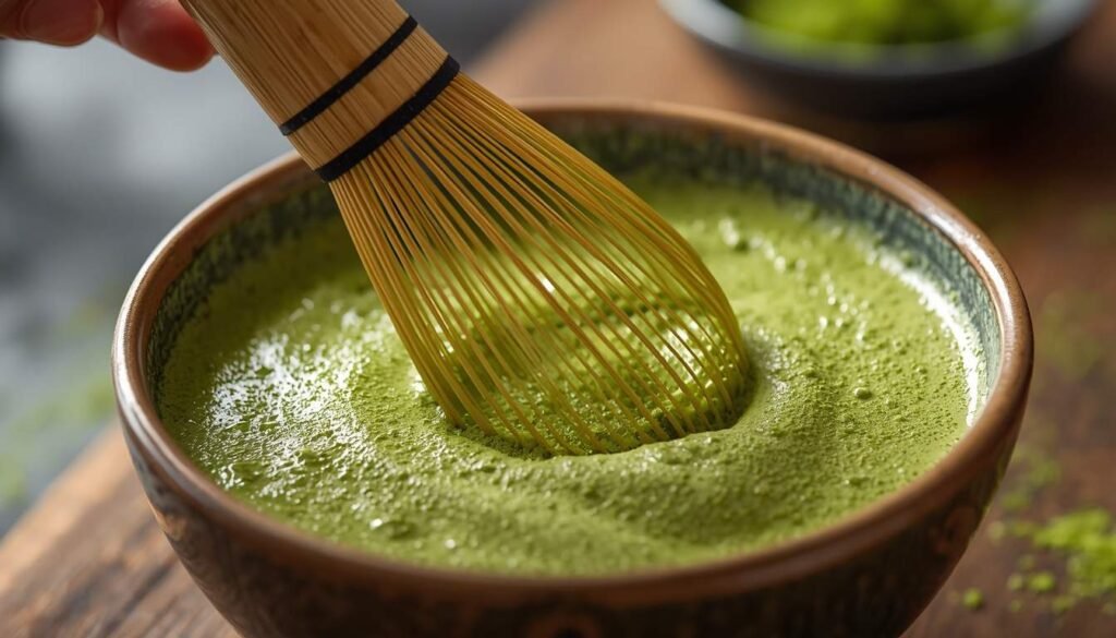 Alt Text: Bamboo whisk mixing bright green matcha in a ceramic bowl
