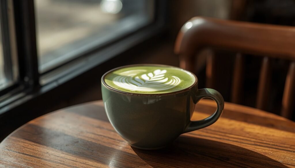 Alt Text: Matcha latte with foam art on a café table
