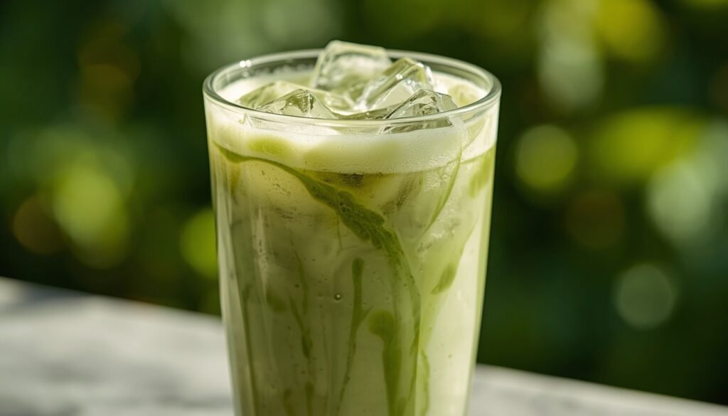 Alt Text: Iced matcha latte in a glass with condensation
