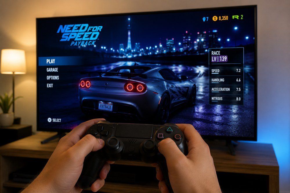 Gamer playing a Need for Speed racing video game with a controller