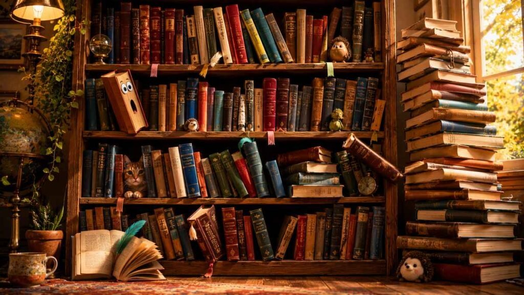 colorful bookshelf and large to-be-read pile with funny book details