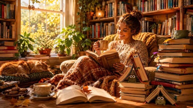 cozy reading nook with books and coffee for Read a Book Day