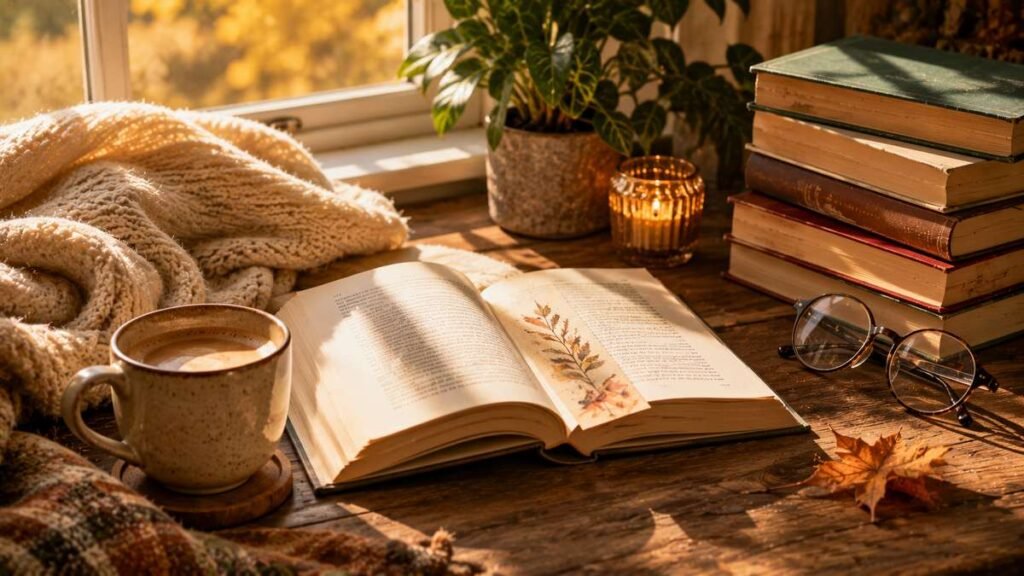 cozy open book and coffee reading setup for Instagram