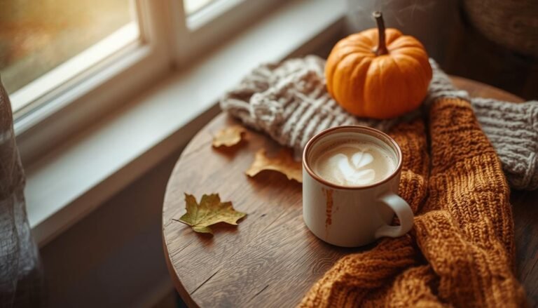 Cozy autumn table setup with a sweater, coffee mug, pumpkin, and fallen leaves
