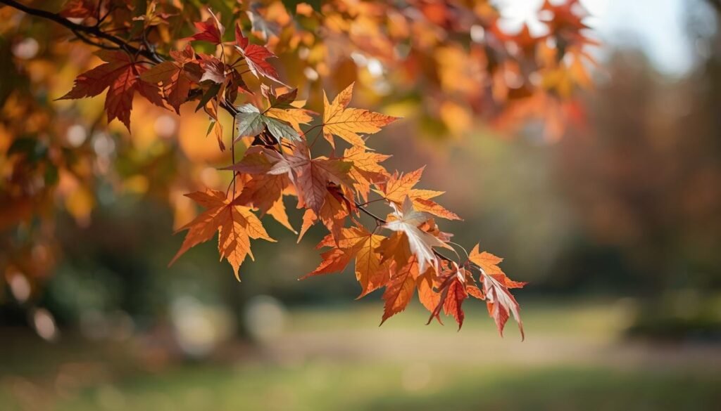 Tree branch with leaves changing color from green to orange in September