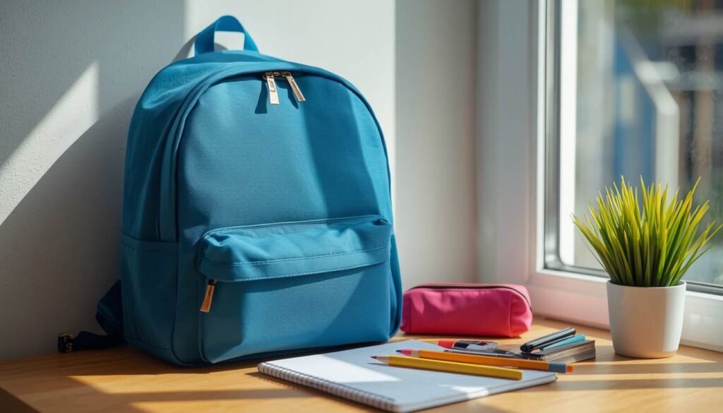 School backpack and notebook arranged on a desk near a sunny window