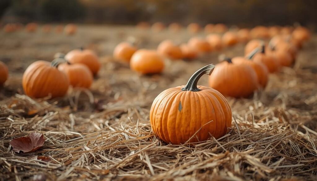 Pumpkin patch with pumpkins resting on hay in natural daylight