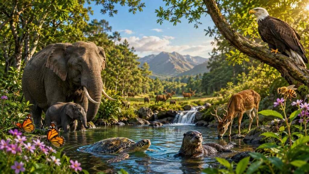 Wildlife conservation scene with animals in a protected natural habitat