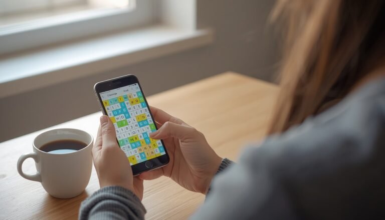Alt Text: Person holding a smartphone with a colorful word puzzle grid at breakfast