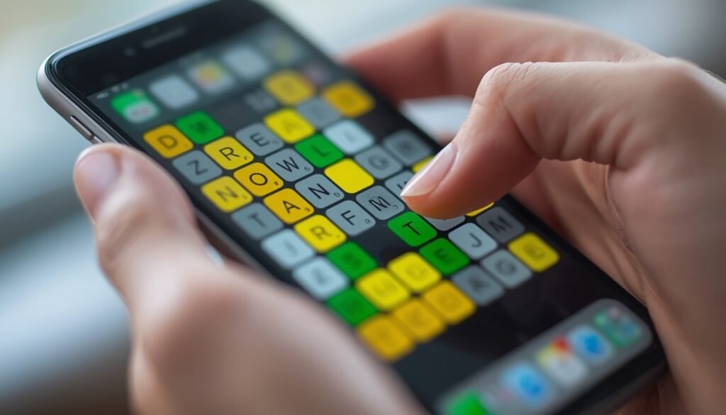 Alt Text: Smartphone screen showing a blurred colorful word puzzle grid
