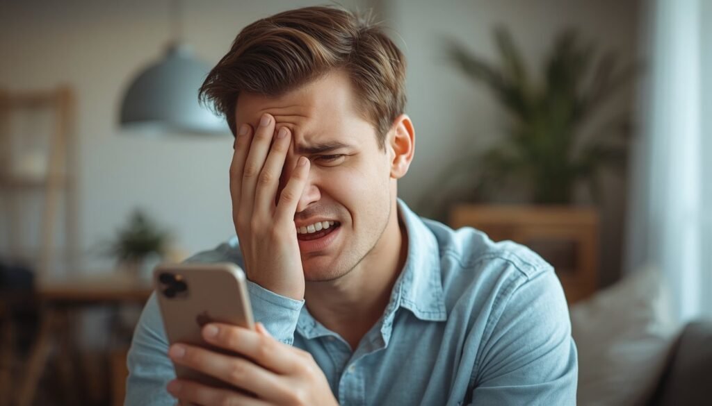 Alt Text: Person covering their face in a playful reaction while looking at their phone
