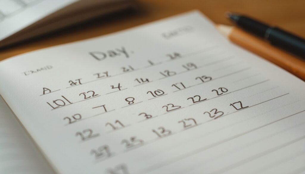 Alt Text: Notebook page showing a series of hand-drawn tally marks for consecutive days
