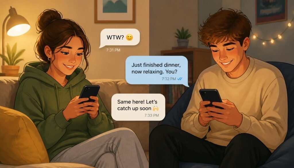 Two friends texting casually on their smartphones
