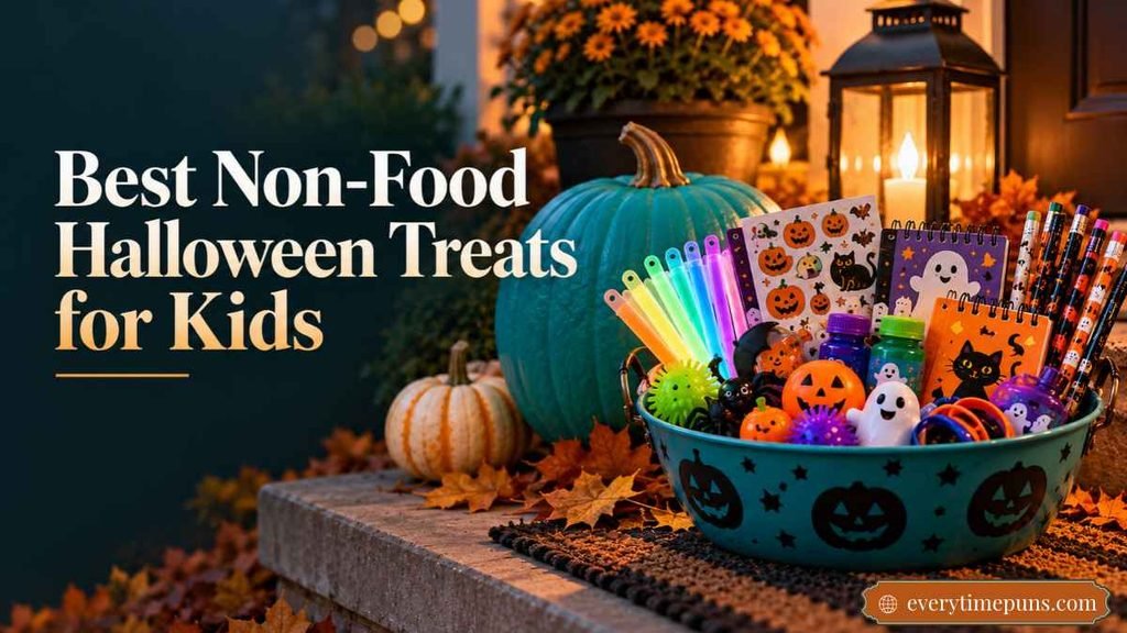Teal Pumpkin Meaning shown with stickers, glow sticks, pencils, and Halloween toys.