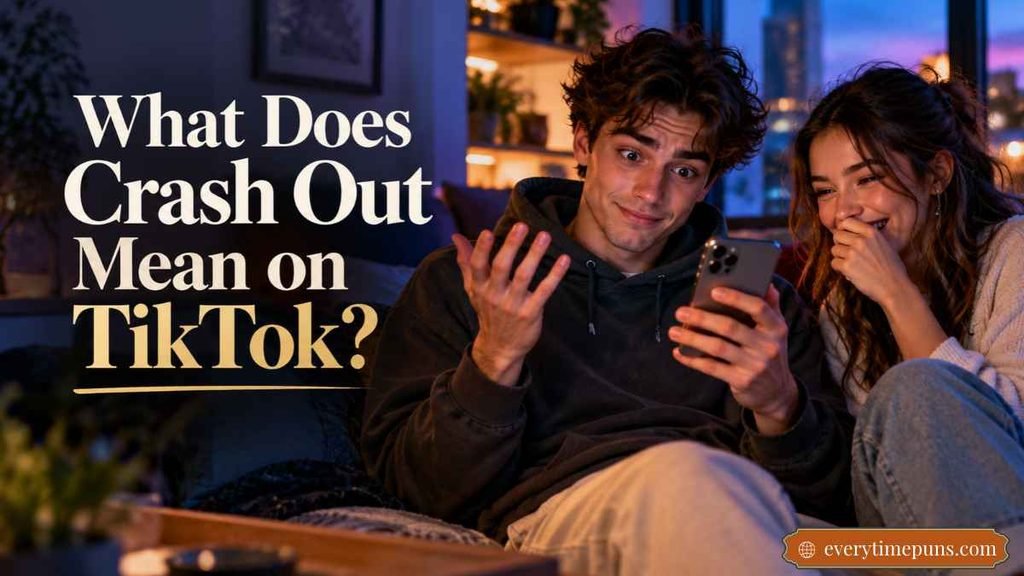 Crash Out Meaning in Slang illustrated by friends reacting playfully to a phone.