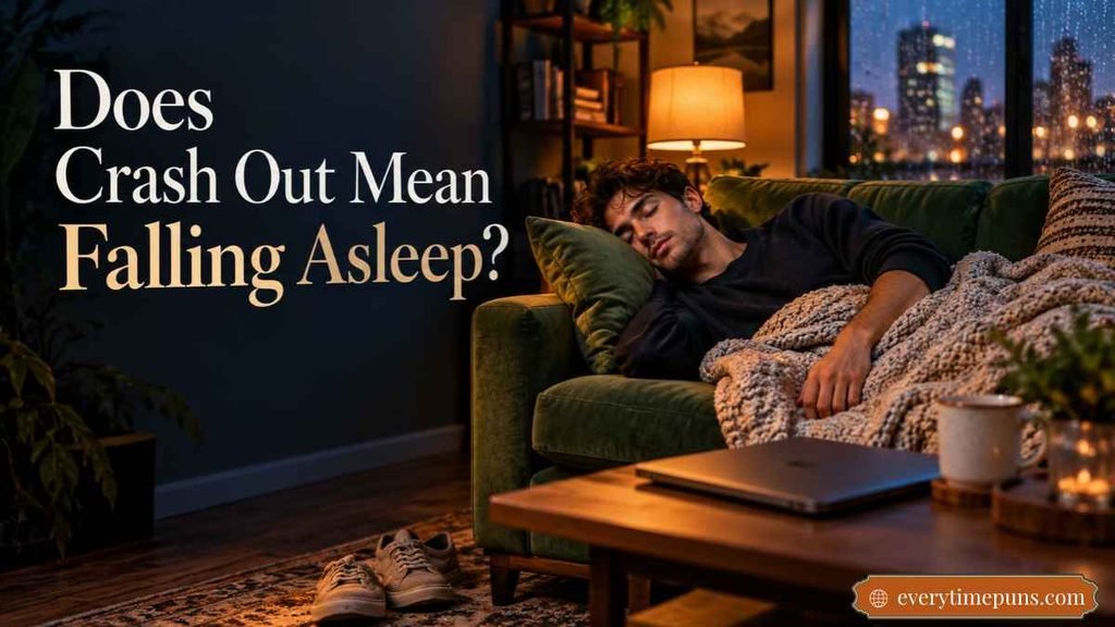 Crash Out Meaning in Slang contrasted with a man sleeping on a sofa.