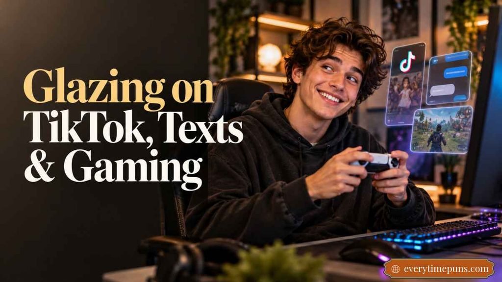 Glazing Meaning in Slang shown through TikTok, texting, and gaming reactions.