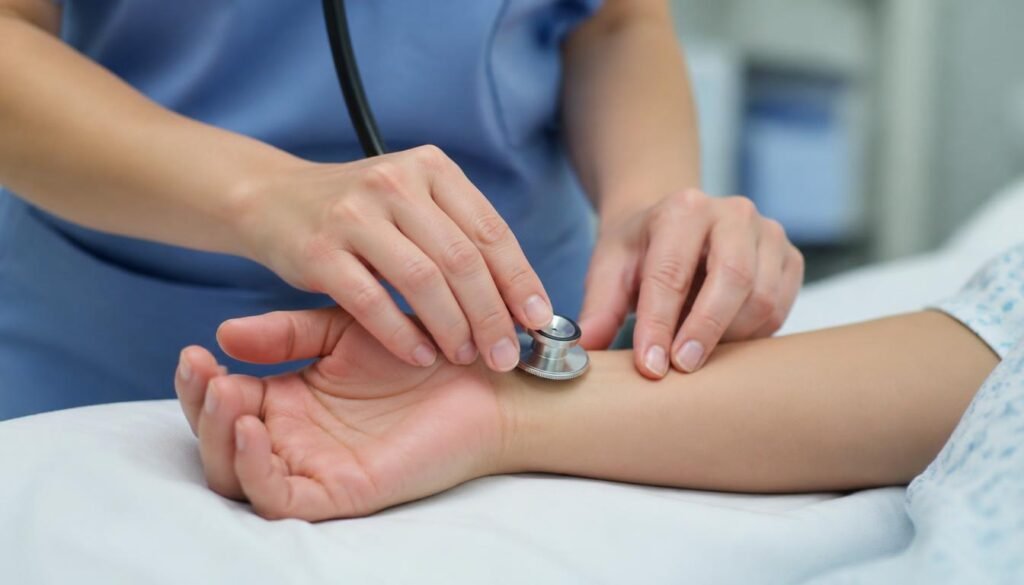  Alt Text: Nurse's hands using a stethoscope to check a patient's pulse