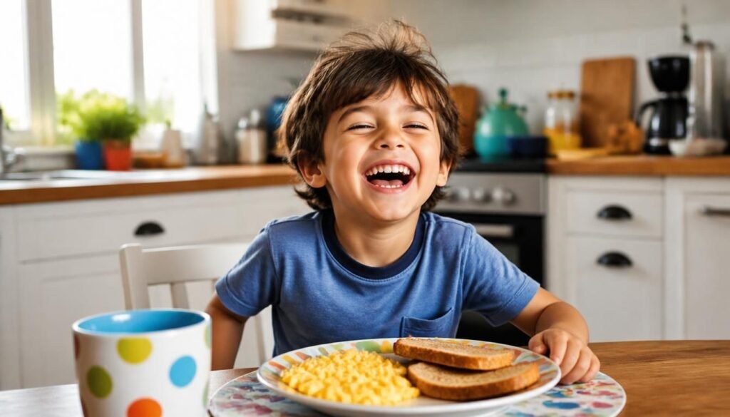 Alt Text: Child laughing at breakfast table with eggs and toast.
