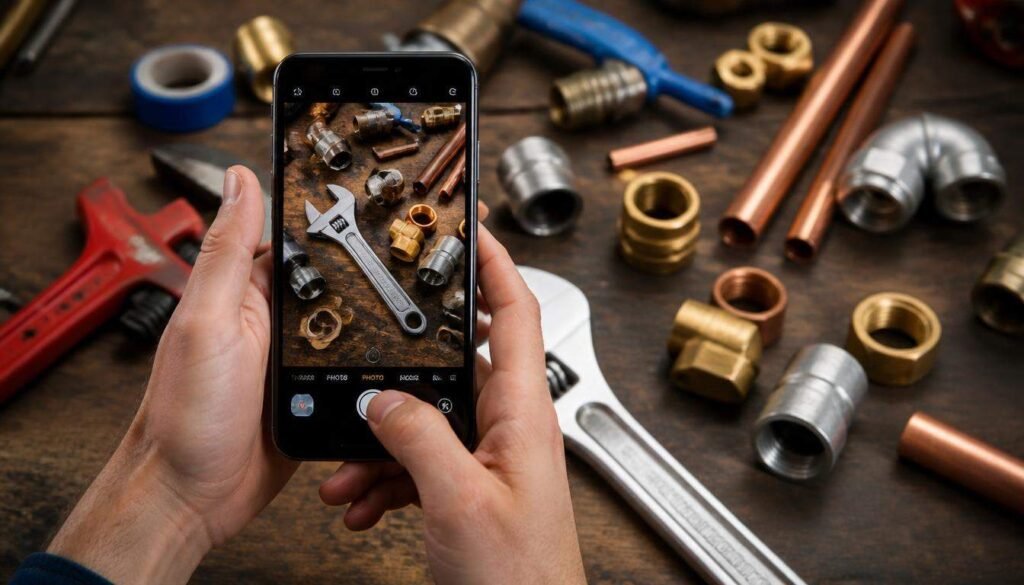 Alt Text: Smartphone photographing plumbing tools and pipe fittings on a workbench
