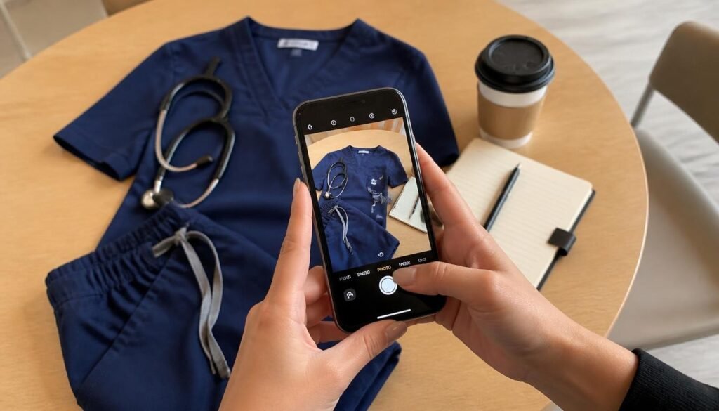  Alt Text: Smartphone photographing scrubs and a coffee cup on a break room table