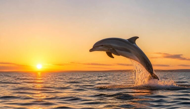 Alt Text: Dolphin leaping out of ocean water at sunset.