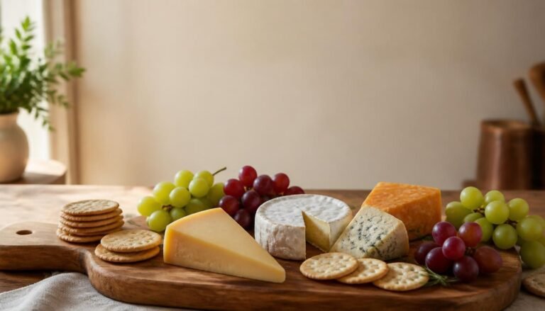 Alt Text: Wooden cheese board with cheese wedges, crackers, and grapes.