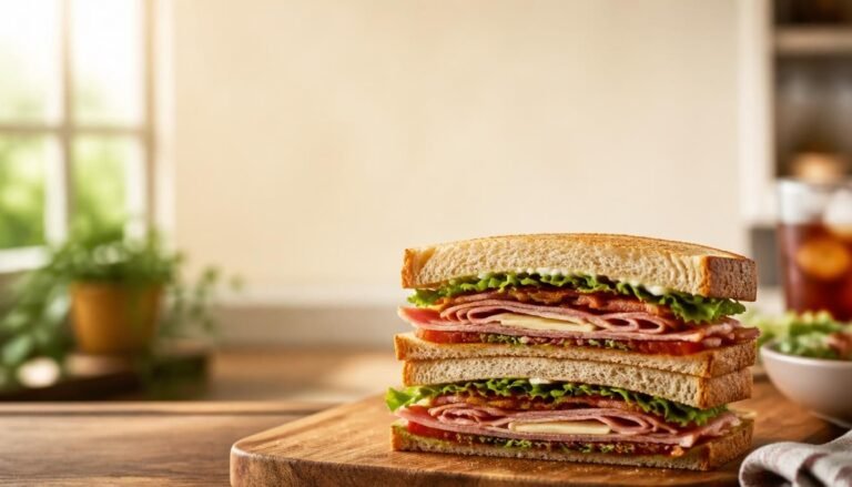 Alt Text: Stacked deli sandwich cut in half on a wooden board.