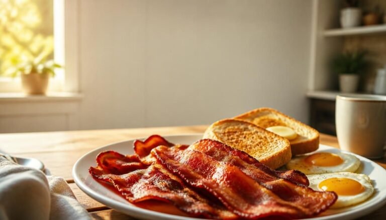 Alt Text: Plate of crispy bacon strips with eggs and toast.