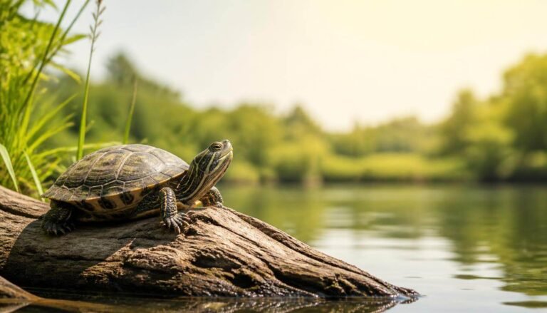 Alt Text: Turtle resting on a log near calm water outdoors.