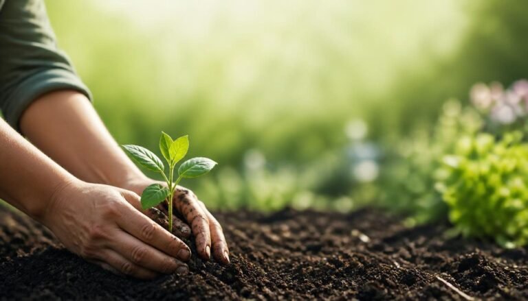 Alt Text: Hands planting seedling into garden soil outdoors.