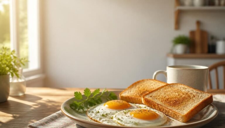 Alt Text: Plate of sunny-side-up eggs and toast on a breakfast table.