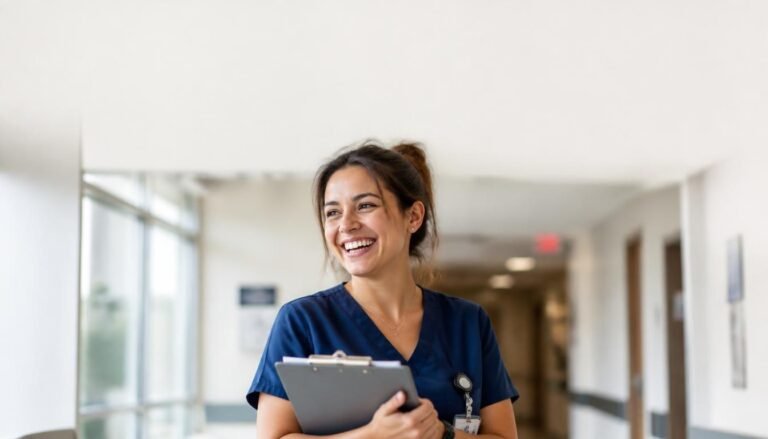 Alt Text: Nurse in scrubs smiling while holding a clipboard in a hospital hallway