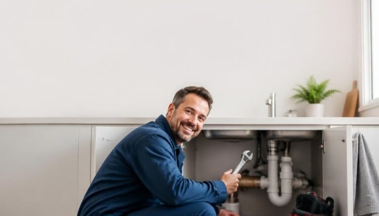 Alt Text: Plumber in coveralls smiling while holding a wrench under a sink