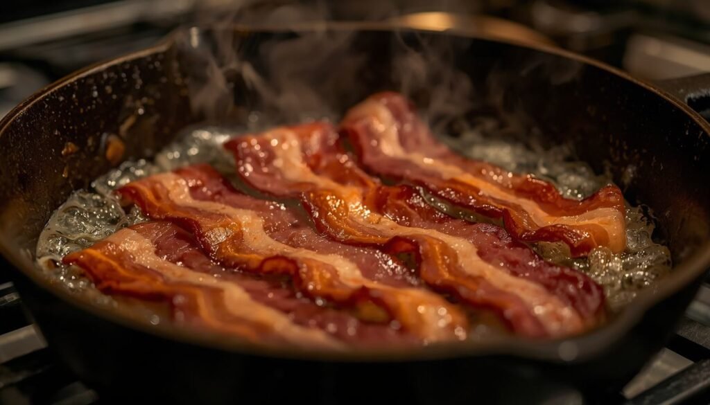 Alt Text: Bacon strips sizzling in a cast iron skillet.