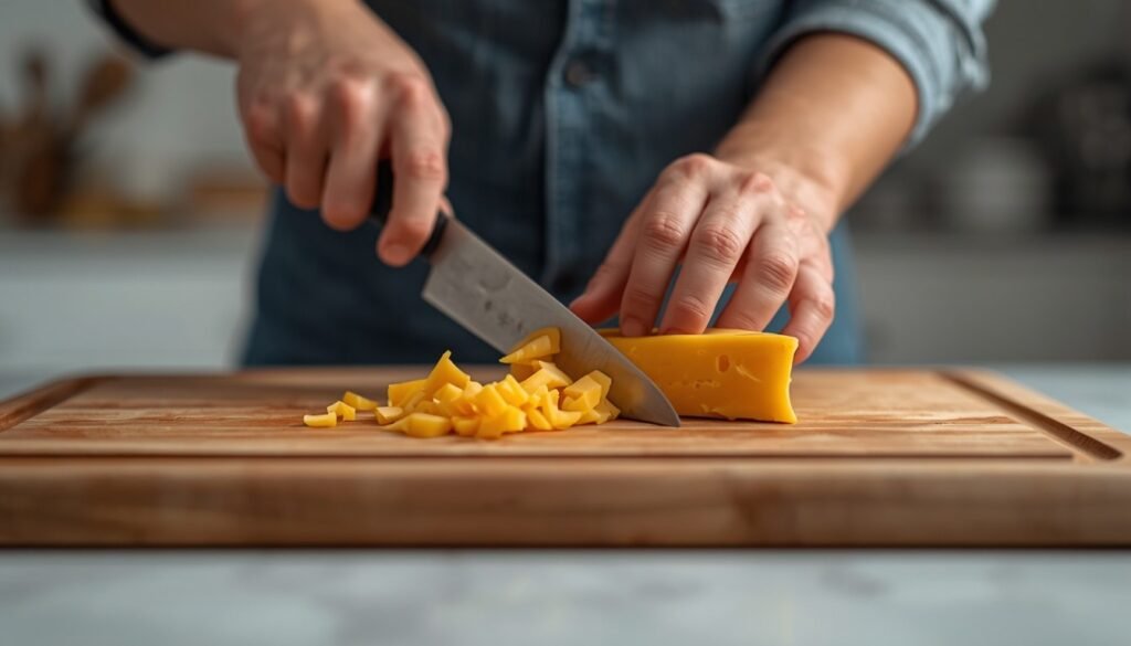 Alt Text: Hands slicing cheddar cheese on a wooden cutting board.
