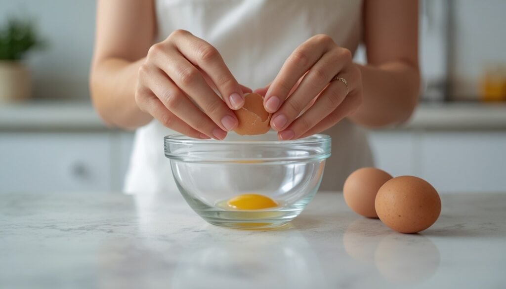 Alt Text: Hands cracking an egg into a bowl in a kitchen.
