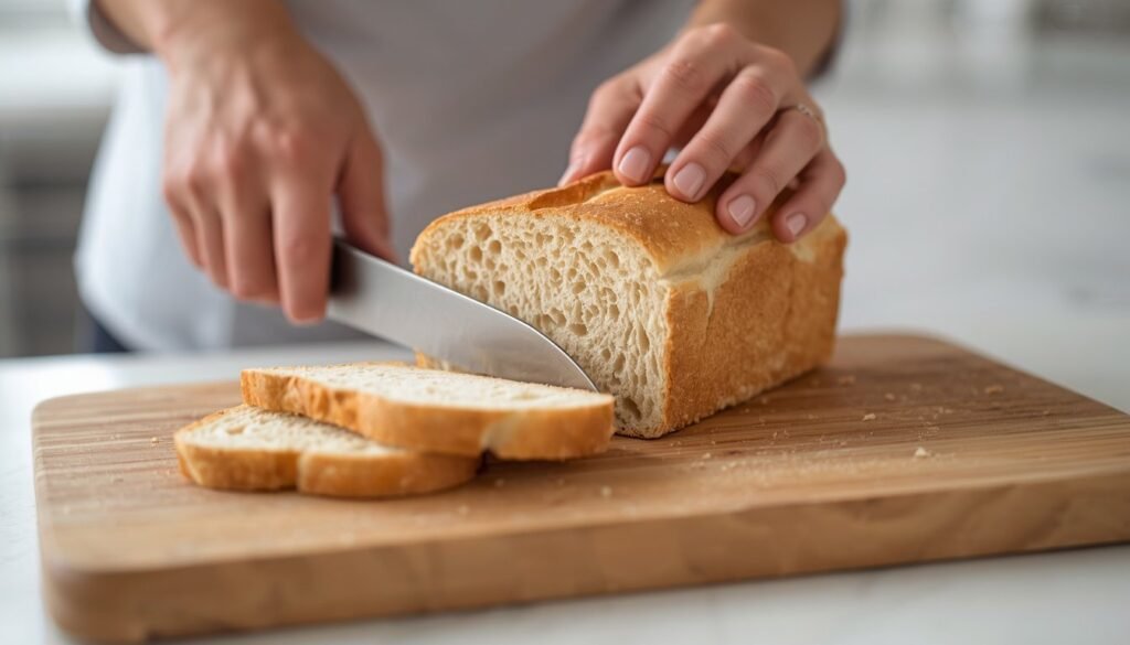 Alt Text: Hands slicing fresh bread on a wooden cutting board.