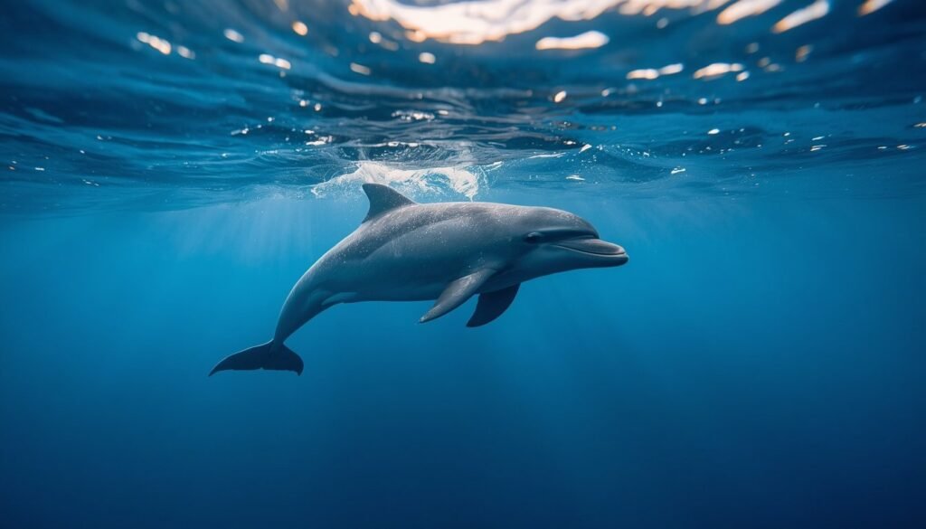 Alt Text: Dolphin swimming underwater near ocean surface.