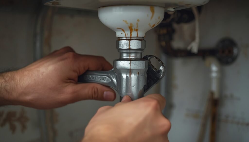  Alt Text: Hands using a wrench to tighten a pipe joint under a sink