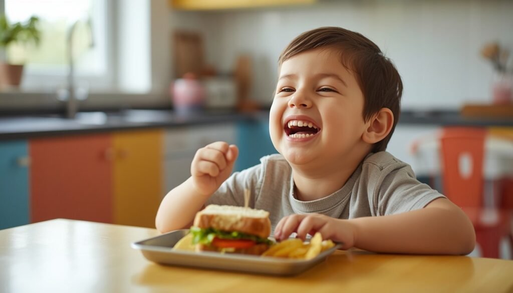 Alt Text: Child laughing at lunch table with sandwich and chips.